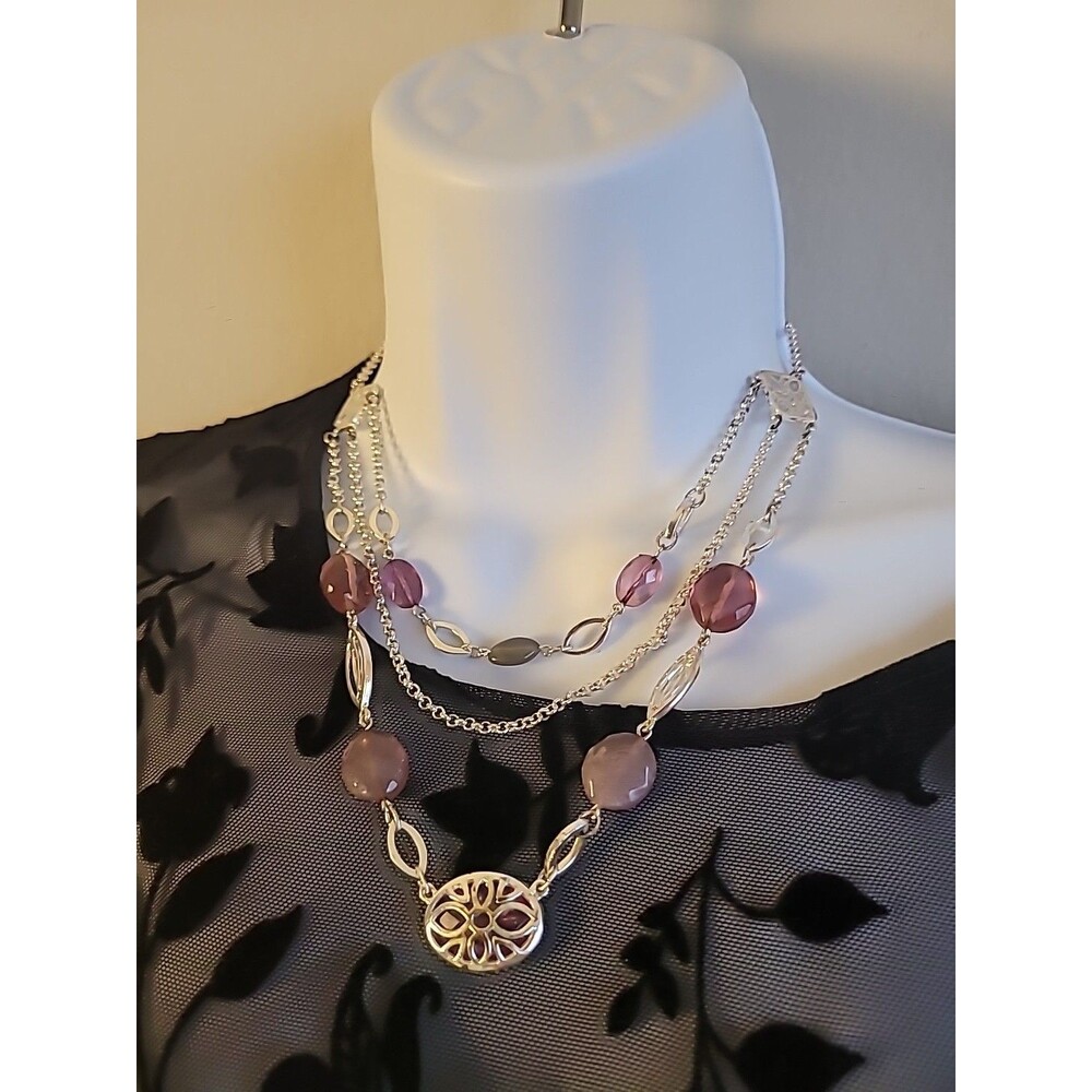 Silver Tone Multi Strand Necklace With Purple Beads